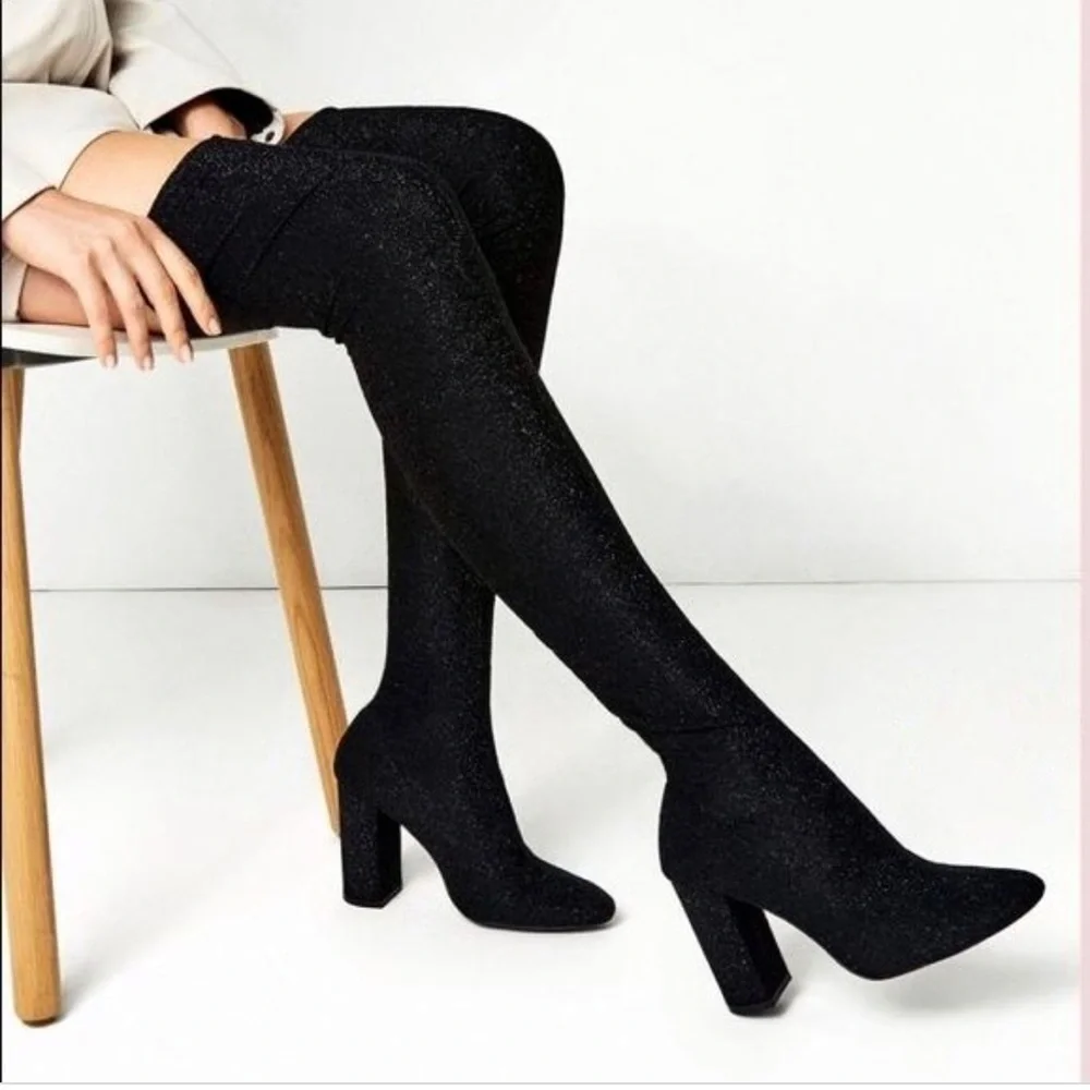 Zara sock glitter over the knee boots - Picture 1 of 10